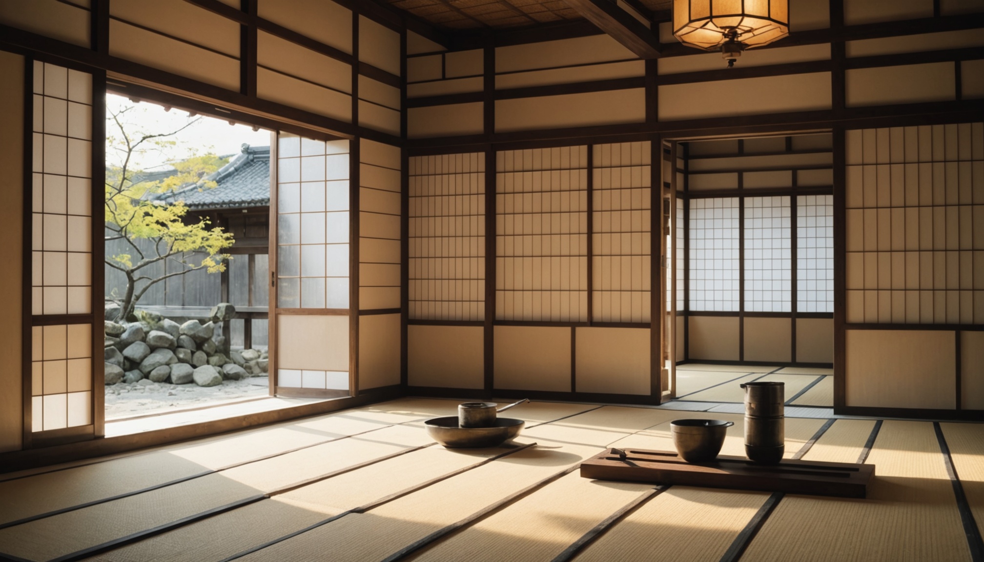 Interior of an old Japanese wooden house under renovation, showing exposed wooden beams and posts with dusty light filtering through shoji screens and construction tools resting on the tatami floor