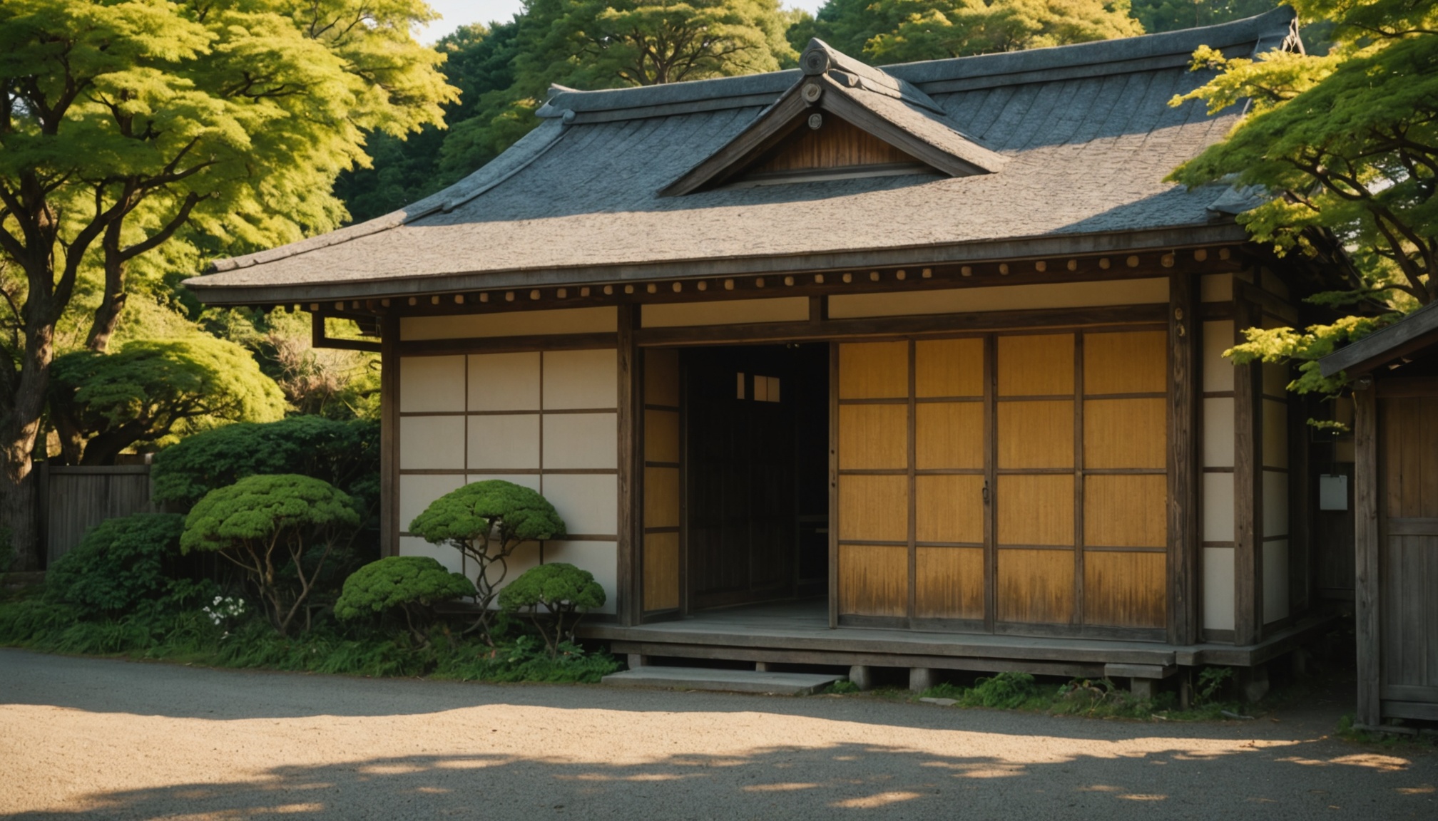 A weathered traditional Japanese wooden house on a quiet rural road with an overgrown garden and sliding wooden doors bathed in late afternoon golden light