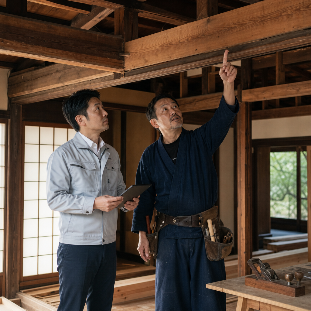 A skilled Japanese carpenter and renovation project manager inspecting exposed wooden beams inside an old akiya house