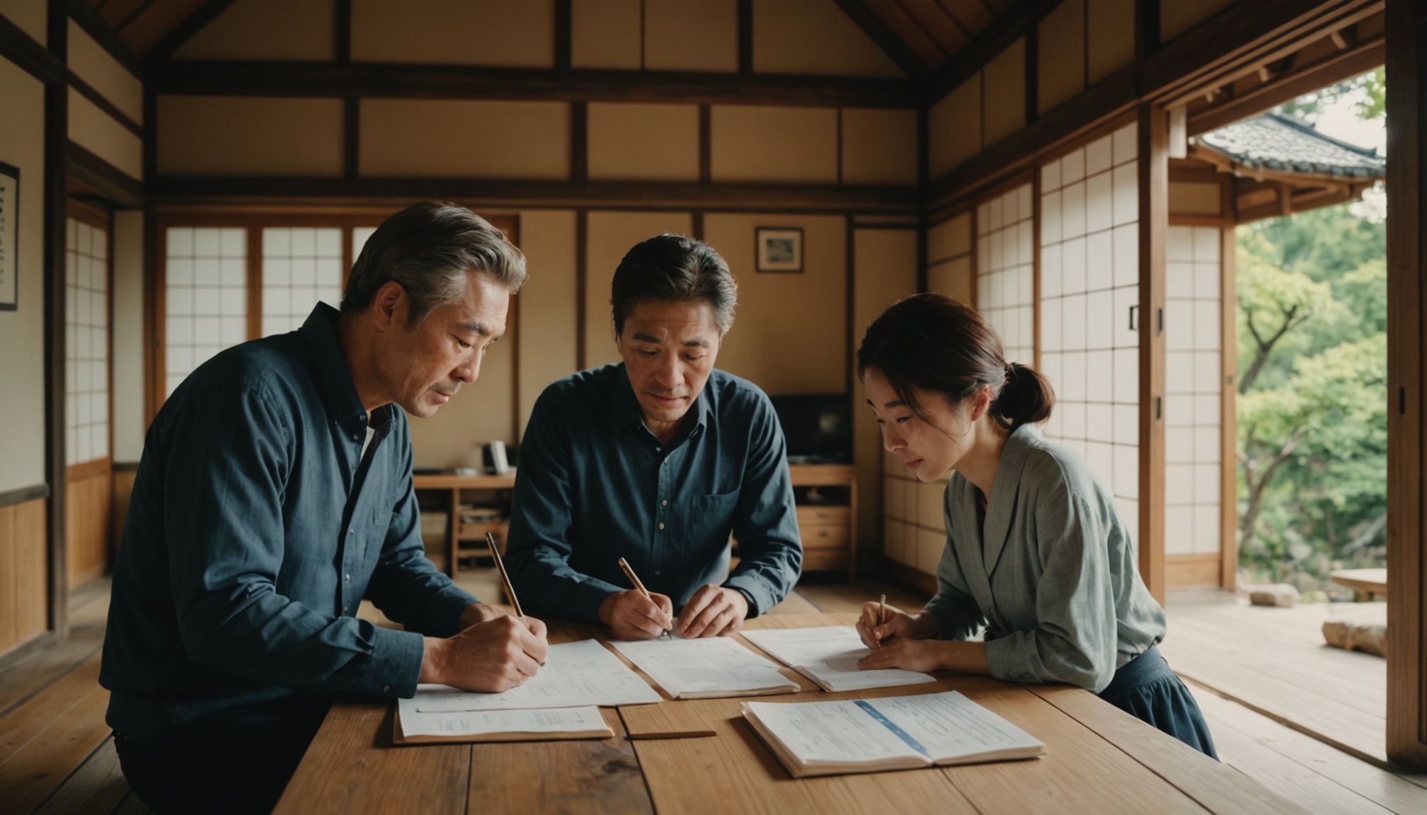 A couple reviewing property documents at a traditional Japanese wooden house