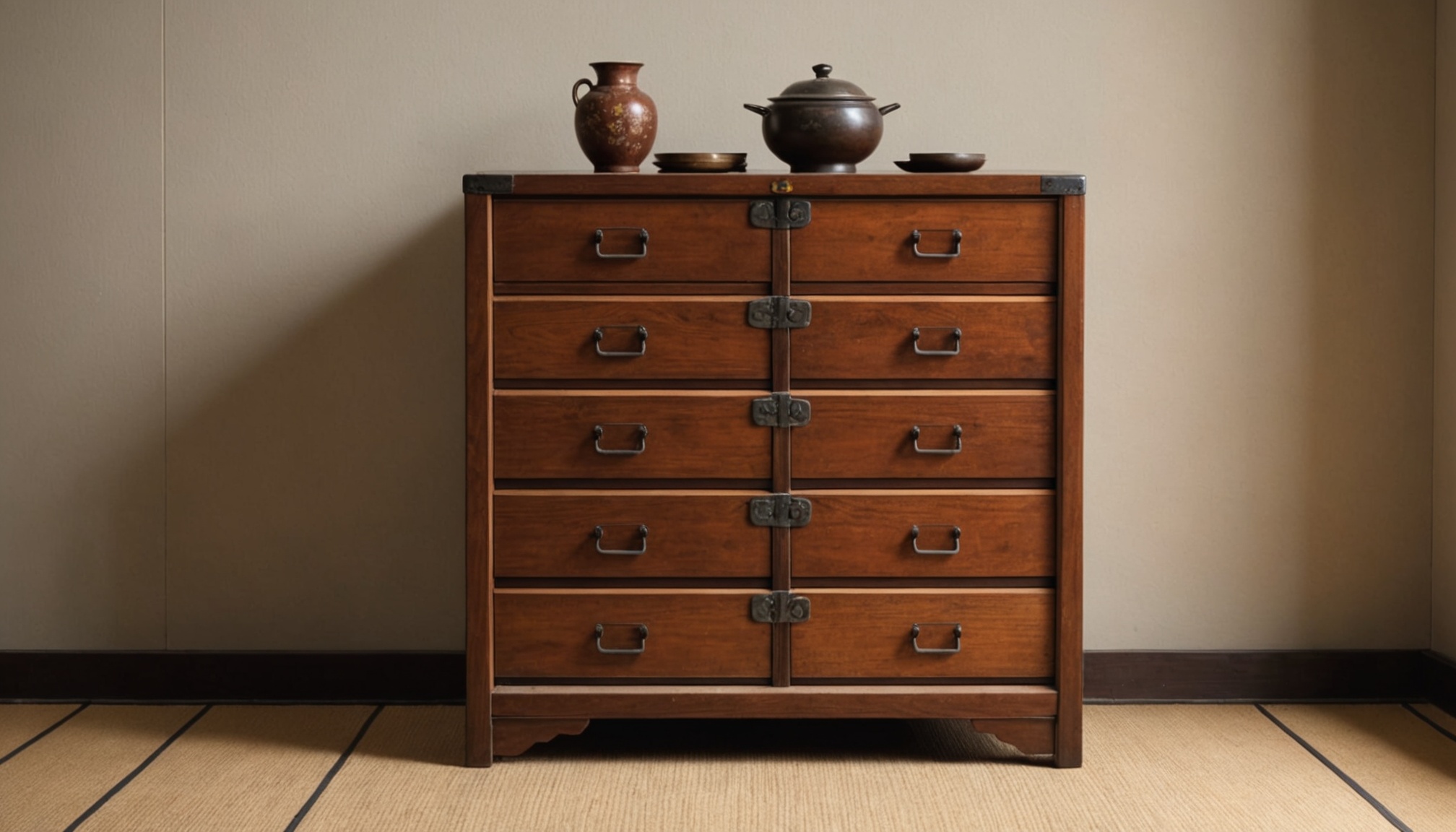 A vintage Japanese tansu chest of drawers with hand-hammered iron hardware and warm, richly patinated wood tones under soft studio light