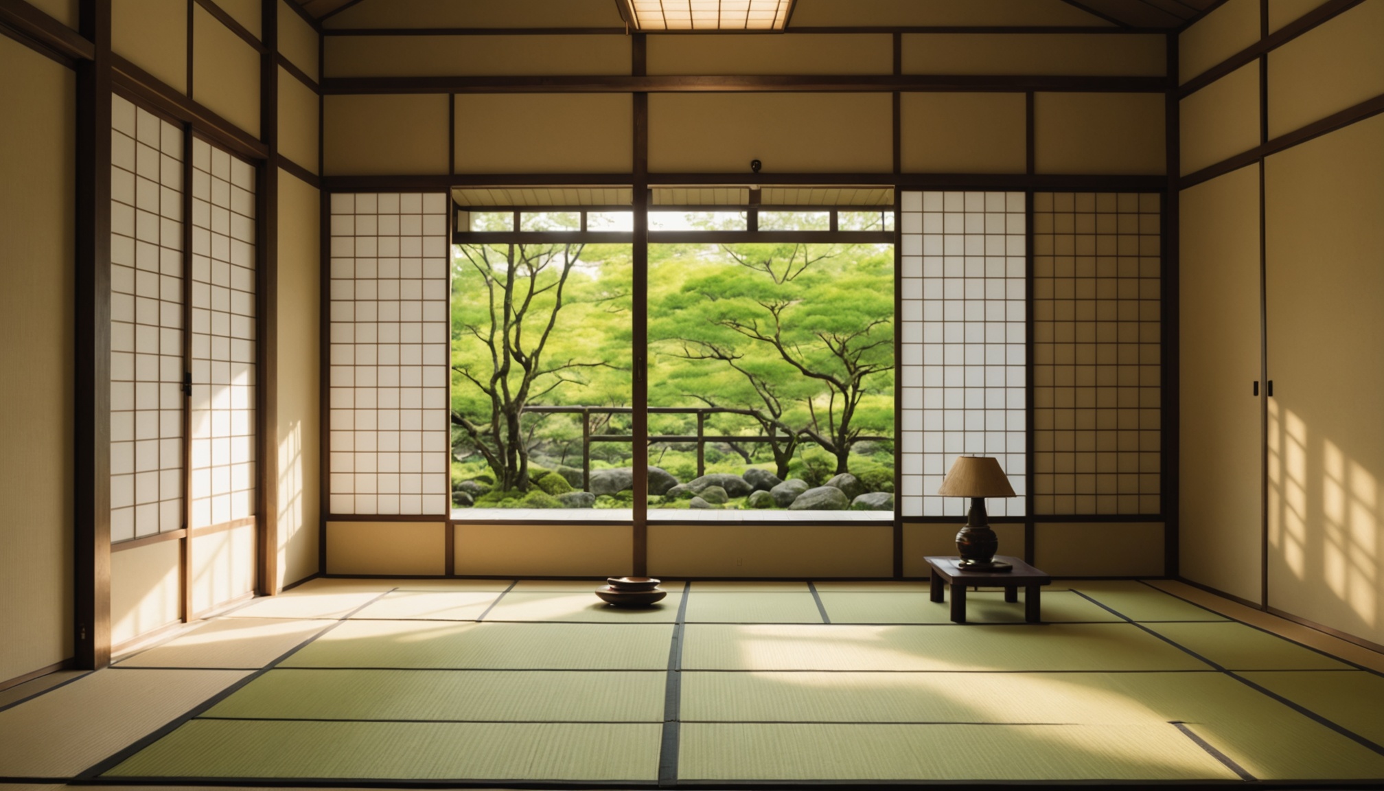 A serene traditional Japanese tatami room with warm afternoon sunlight streaming through shoji screens, illuminating green tatami mats and a tokonoma alcove with a minimalist arrangement