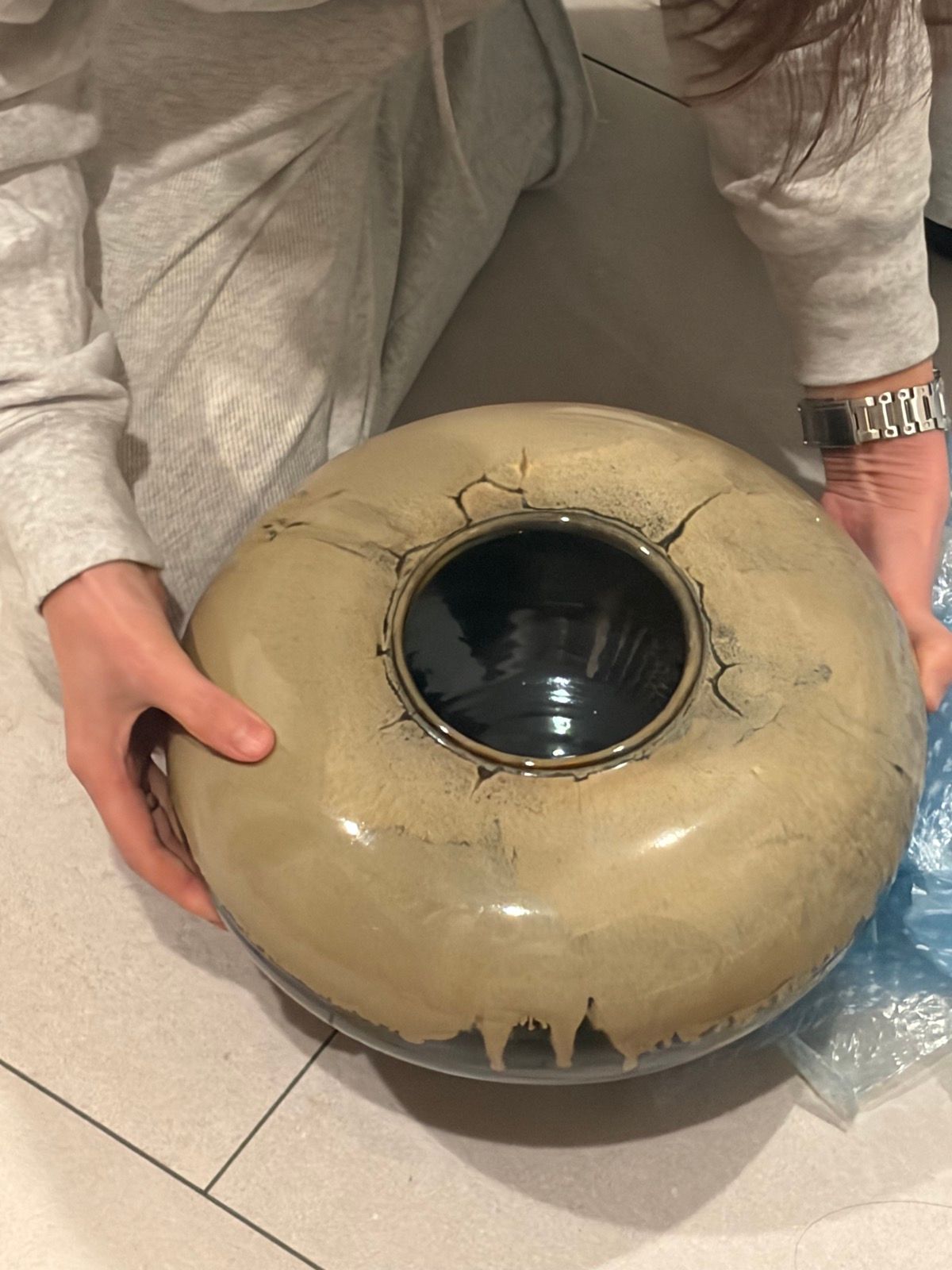 Close-up of the crackle glaze detail — the kind of imperfect beauty that defines wabi-sabi